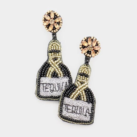 TEQUILA Bottle Black Seed Bead Earrings - Picture 1 of 5